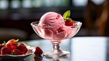 AI generated A scoop of strawberry gelato in an elegant glass. Generative AI photo