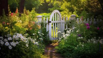 AI generated A secret garden gate surrounded by wildflowers. Generative AI photo