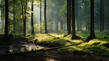 ai generado un sereno bosque paisaje con moteado luz de sol filtración mediante el arboles generativo ai foto