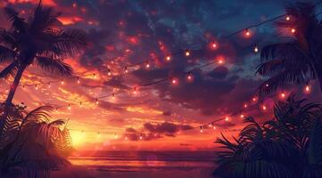 AI generated String, palm trees, and a tropical sunset sky background. photo