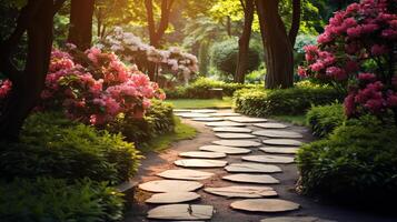 AI generated Serene garden path with stepping stones. Generative AI photo