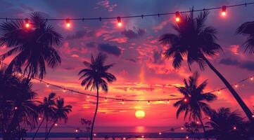 AI generated String, palm trees, and a tropical sunset sky background. photo