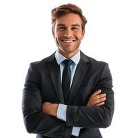 AI generated Beautiful american businessman in a suit and tie stands and looks smiling at the camera and isolated photo