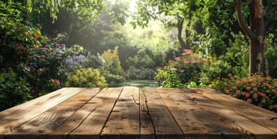 AI generated wooden tabletop in a garden natural foliage scenery background photo