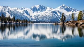 AI generated A serene lake surrounded by snowcapped peaks. Generative AI photo