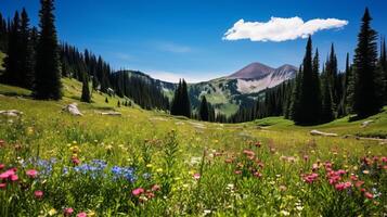 AI generated A serene mountain meadow with wildflowers. Generative AI photo