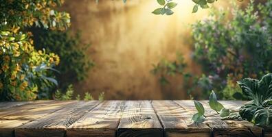 AI generated wooden tabletop in a garden natural foliage scenery background photo