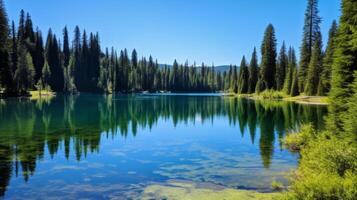 AI generated A serene, reflective lake surrounded by evergreen trees. Generative AI photo