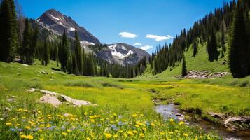 AI generated A serene mountain meadow with wildflowers. Generative AI photo