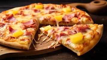 AI generated A slice of hawaiian pizza with pineapple and ham. Generative AI photo