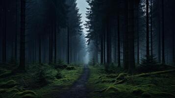 ai generado un siniestro bosque a oscuridad con niebla laminación en. generativo ai foto