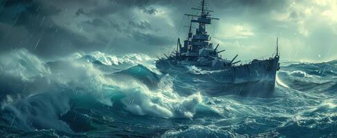 AI generated a military ship in the ocean waves photo