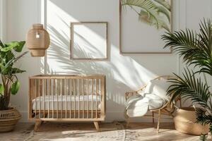AI generated Babys Room With White Crib and Pink Curtains photo