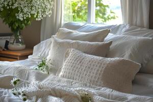 ai generado cama con blanco ropa de cama, almohadas, flores foto