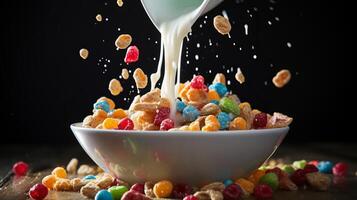 AI generated A splash of milk and cereal captured midtour. Generative AI photo