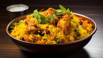 AI generated A spicy chicken biryani with colorful saffron rice. Generative AI photo
