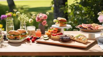 AI generated A spring picnic table with sandwiches and fruit salad. Generative AI photo