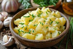 AI generated Wooden Bowl With Potatoes and Garlic photo