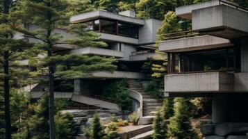 AI generated A stark contrast between brutalist forms and natural elements. Generative AI photo
