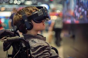 ai generado chico en silla de ruedas con virtual auriculares foto