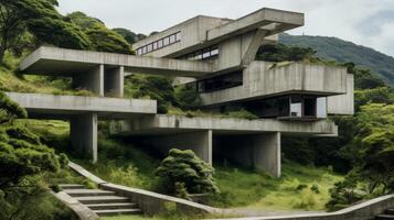 AI generated A stark contrast between brutalist structure and natural beauty. Generative AI photo