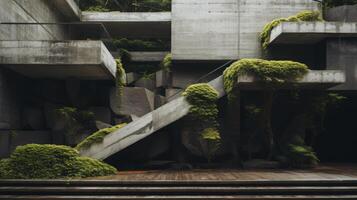 AI generated A striking contrast between brutalist geometry and nature. Generative AI photo