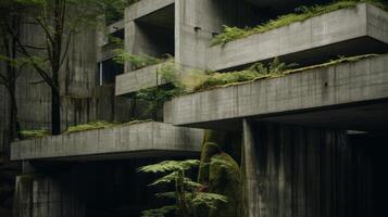 AI generated A striking contrast between brutalist forms and nature. Generative AI photo