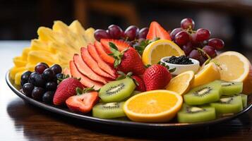 ai generado un elegantemente presentado Fruta plato con un variedad de estacional frutas generativo ai foto