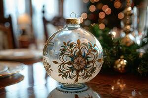 AI generated Close Up of Christmas Ornament on Table photo