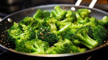 AI generated A toss of broccoli florets in a wok. Generative AI photo