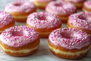 ai generado cerca arriba de plato de rosquillas con rosado Crema foto