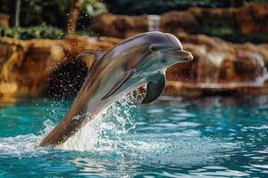 ai generado delfín saltando fuera de agua foto
