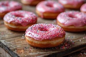 AI generated Close Up of Doughnut With Pink Frosting and Sprinkles photo