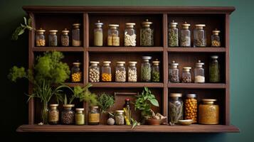 AI generated A traditional ayurvedic medicine cabinet with herbs and oils. Generative AI photo