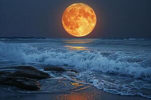 ai generado lleno Luna creciente terminado Oceano con olas foto