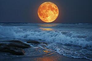 AI generated Full Moon Rising Over Ocean With Waves photo