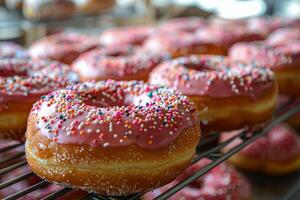 ai generado cerca arriba de plato de rosquillas con rosado Crema foto