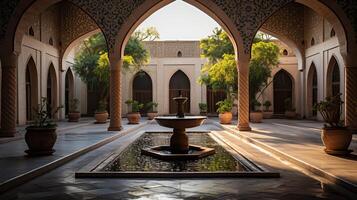 AI generated A tranquil courtyard with a central fountain in a mosque. Generative AI photo