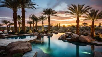 AI generated A tranquil desert oasis with palm trees and a shimmering pool for relaxation. Generative AI photo