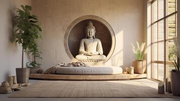 AI generated A tranquil meditation room with a buddha focal point. Generative AI photo