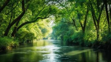 ai generado un tranquilo río con un pabellón de lozano verde arboles generativo ai foto