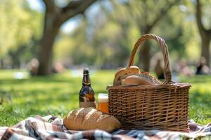 AI generated Picnic With Bread and Beer on a Blanket photo