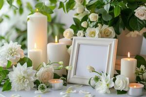 AI generated White Candles Arranged on Table photo