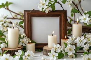 AI generated Picture Frame on Table With Flowers photo