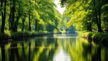 AI generated A tranquil riverbank with reflections of lush trees. Generative AI photo