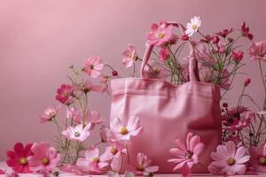 AI generated Pink Tote Bag Surrounded by Pink Flowers photo