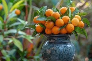 AI generated Metal Bowl Filled With Oranges on Table photo