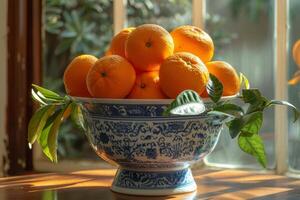 AI generated Vase Filled With Oranges on Table photo