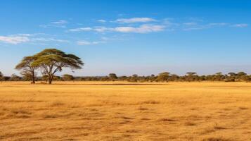 AI generated A vast, golden savanna with acacia trees on the horizon. Generative AI photo