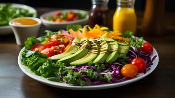 AI generated A vibrant salad with a mix of colorful vegetables and a drizzle of dressing. Generative AI photo
